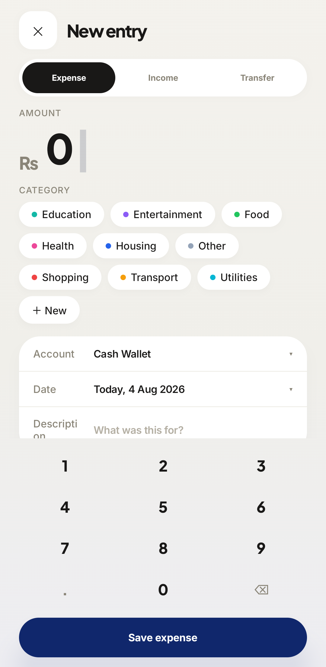 Rakama add transaction screen on Android with expense, income, and transfer options