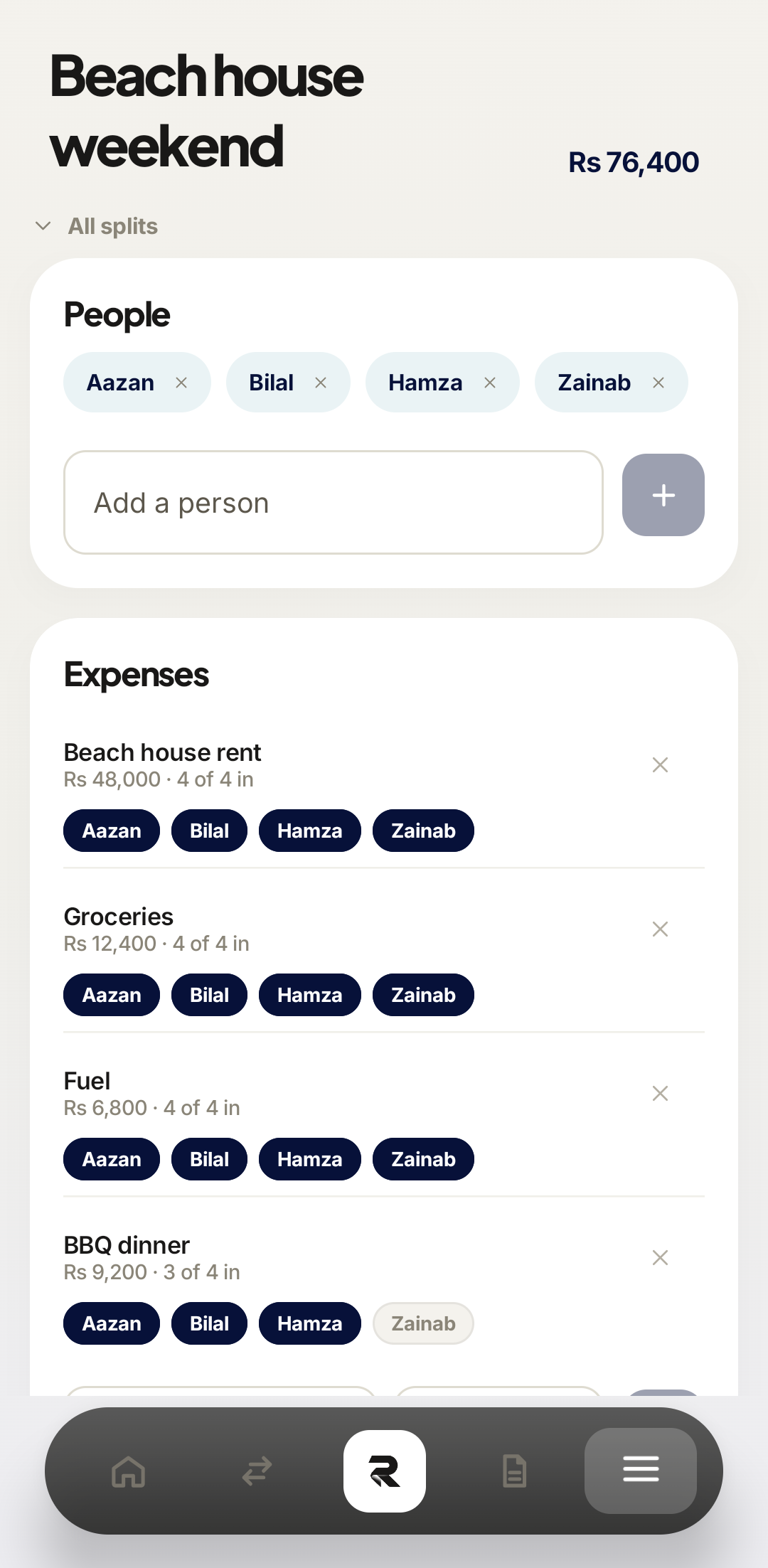 Rakama bill split detail on Android with people, expenses, and one person excluded from an expense