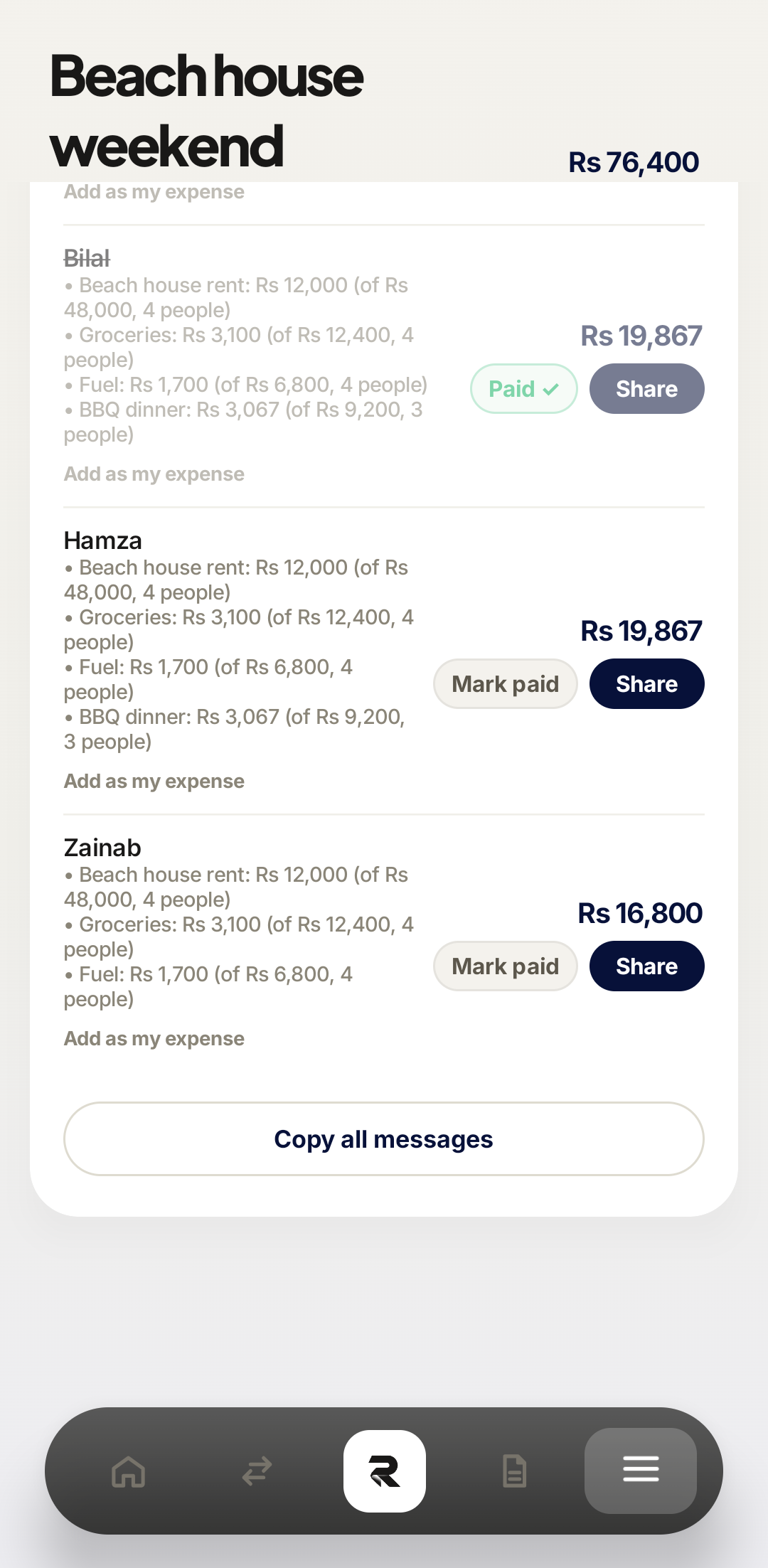 Rakama bill split share messages on Android showing each person's itemised amount owed and paid status