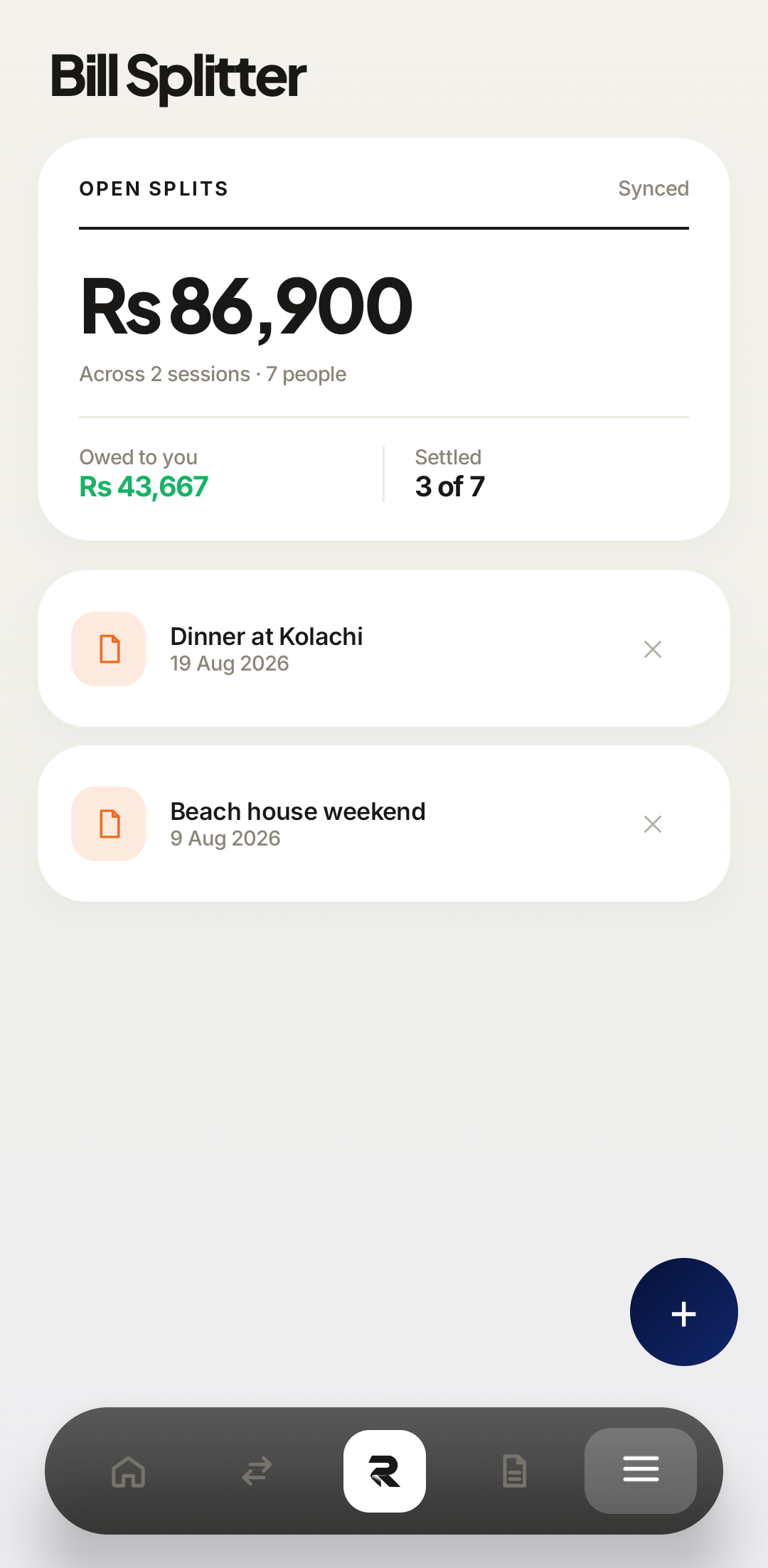 Rakama bill splitter on Android showing open splits, amount owed to you, and settled count