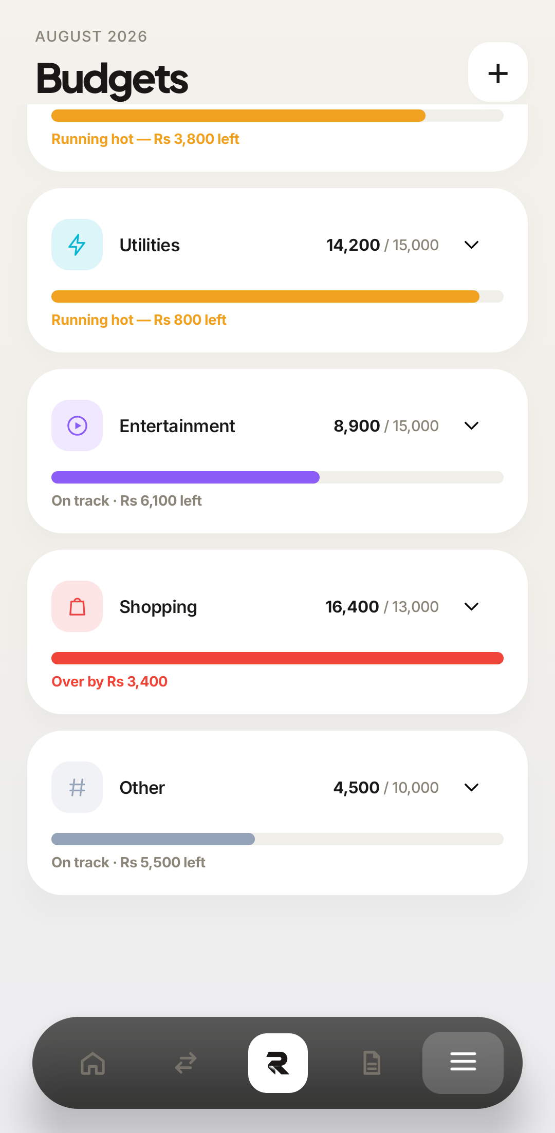 Rakama budget over the limit on Android, showing a Shopping category over budget by Rs 3,400