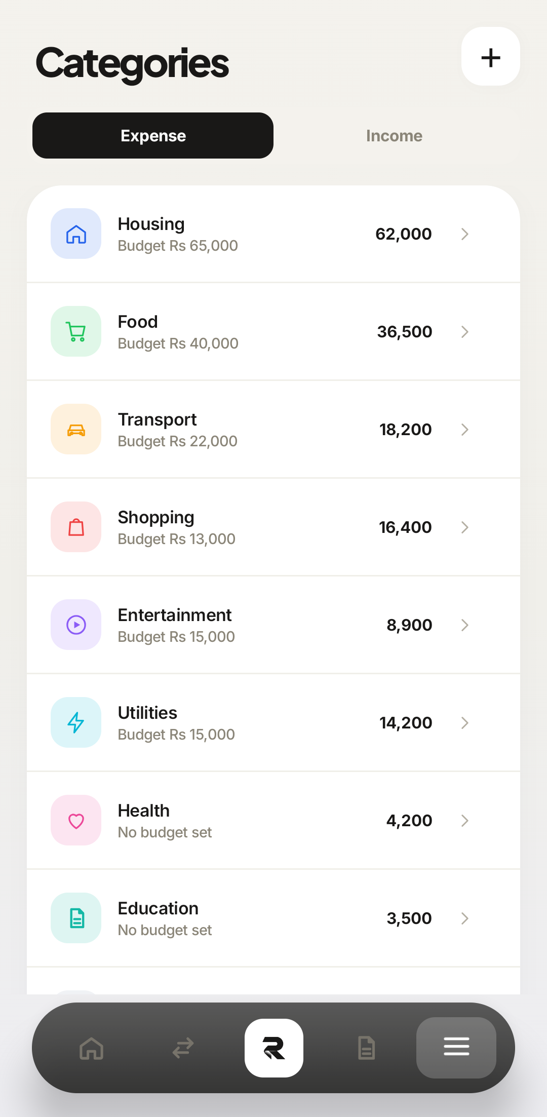Rakama categories screen on Android showing expense and income categories with colours and icons