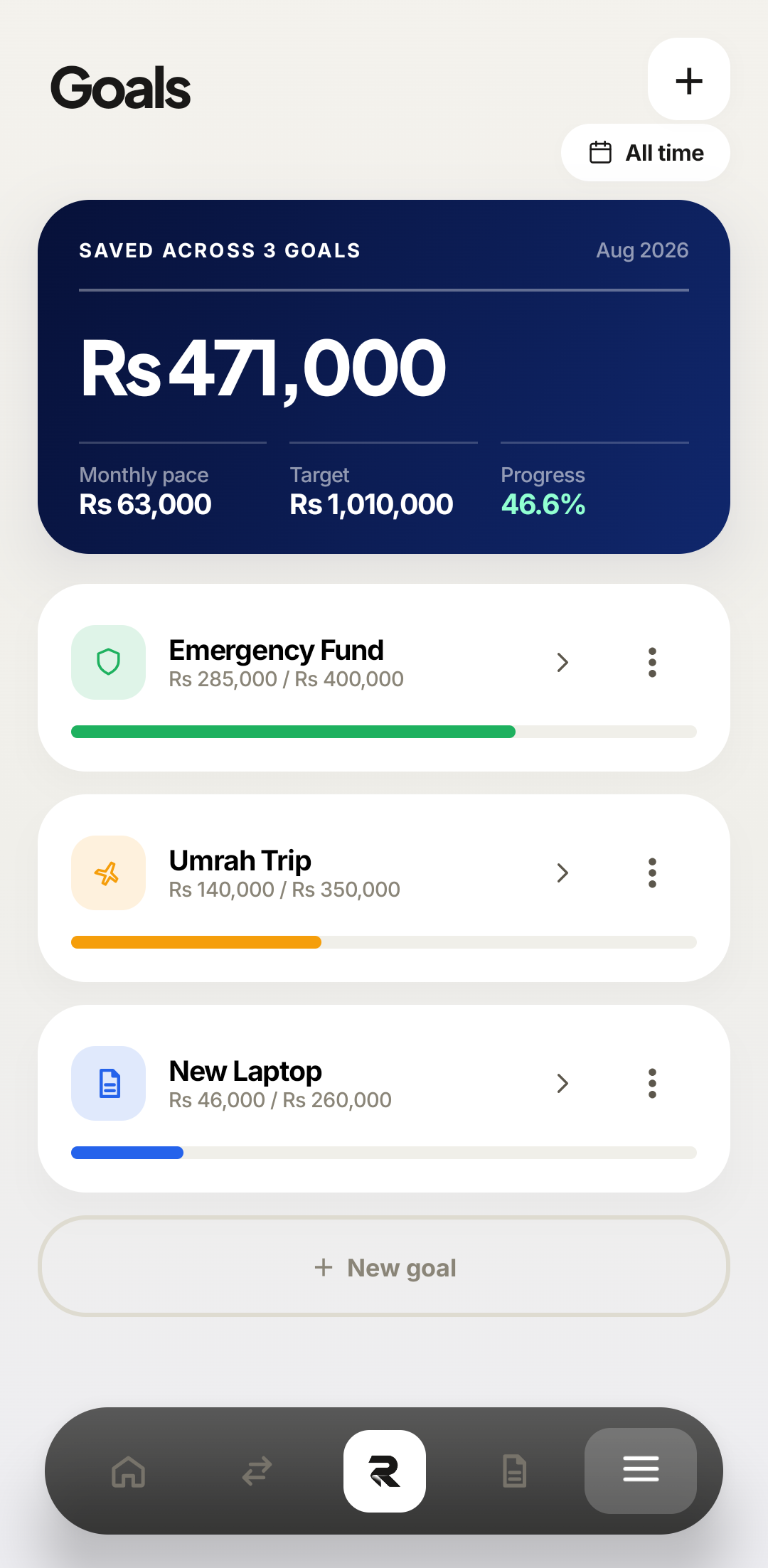 Rakama savings goals on Android showing emergency fund, trip, and laptop goals with progress bars