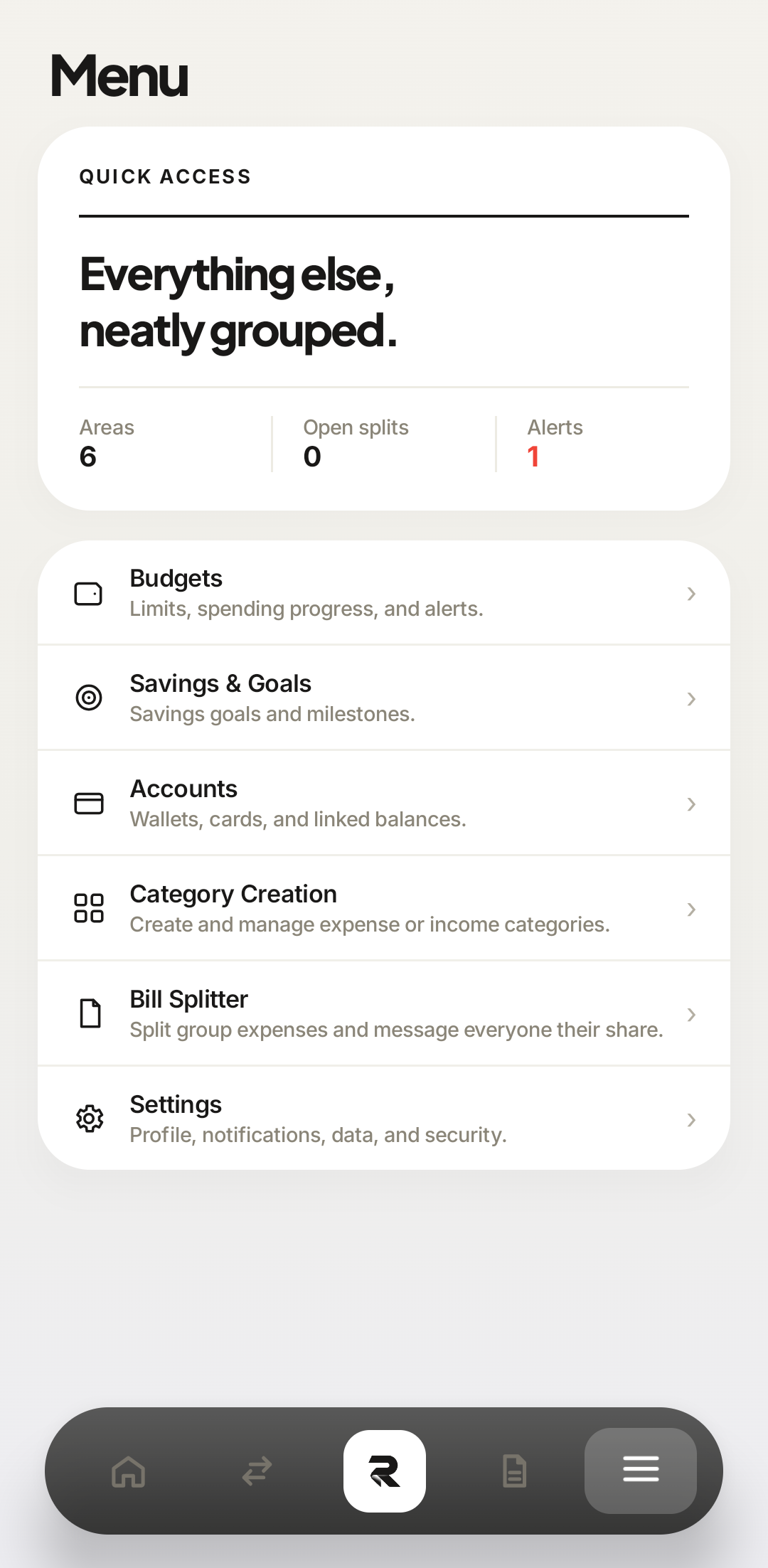 Rakama Android menu listing budgets, savings goals, accounts, categories, bill splitter, and settings