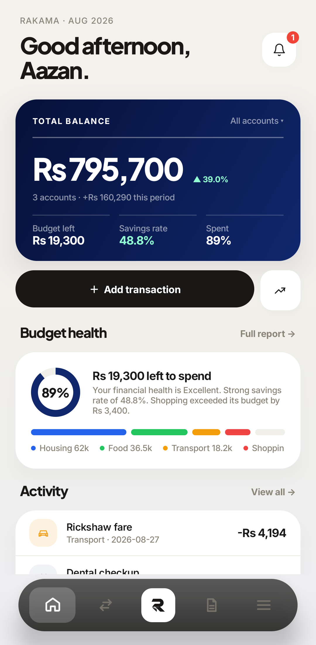 Rakama Android dashboard showing total balance, budget left, savings rate, and budget health
