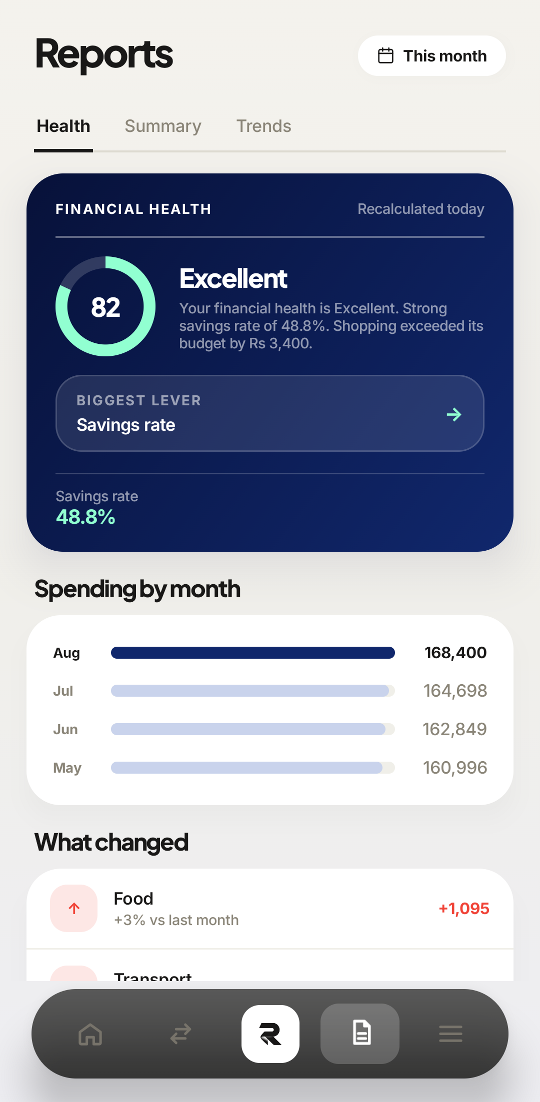 Rakama reports on Android showing financial health score, spending by month, and what changed