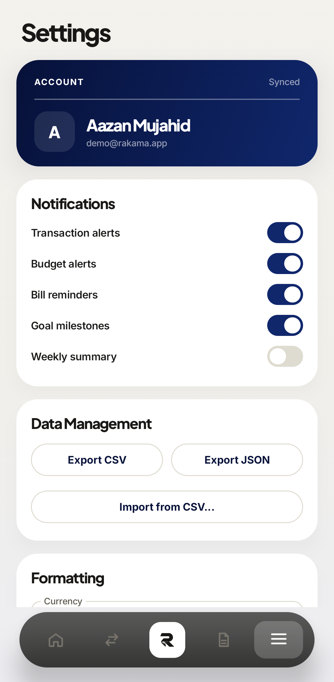 Rakama settings screen on Android with profile, appearance, data, and security options