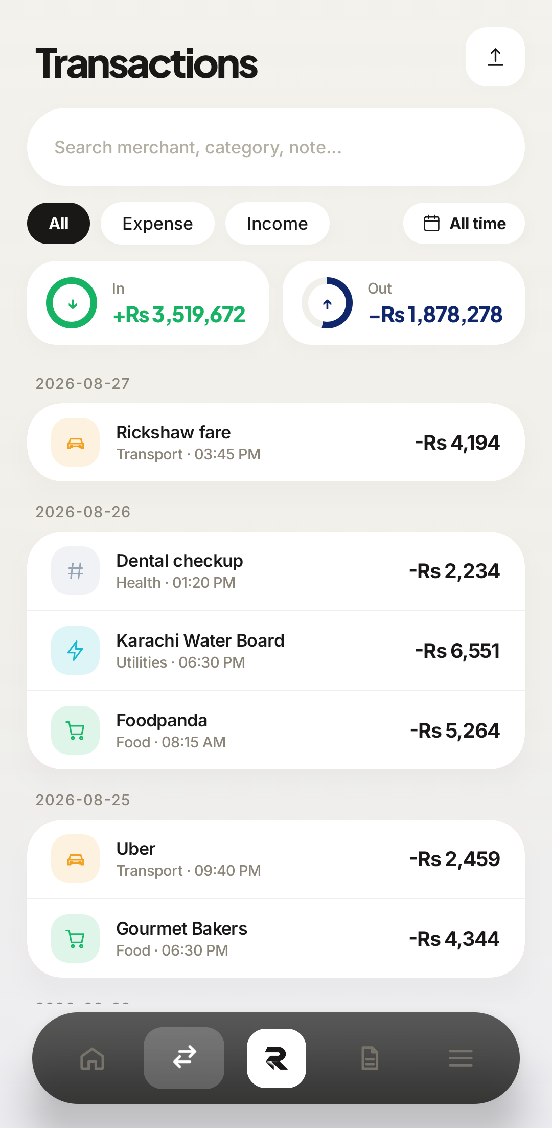 Rakama transactions list on Android grouped by date with categories and amounts