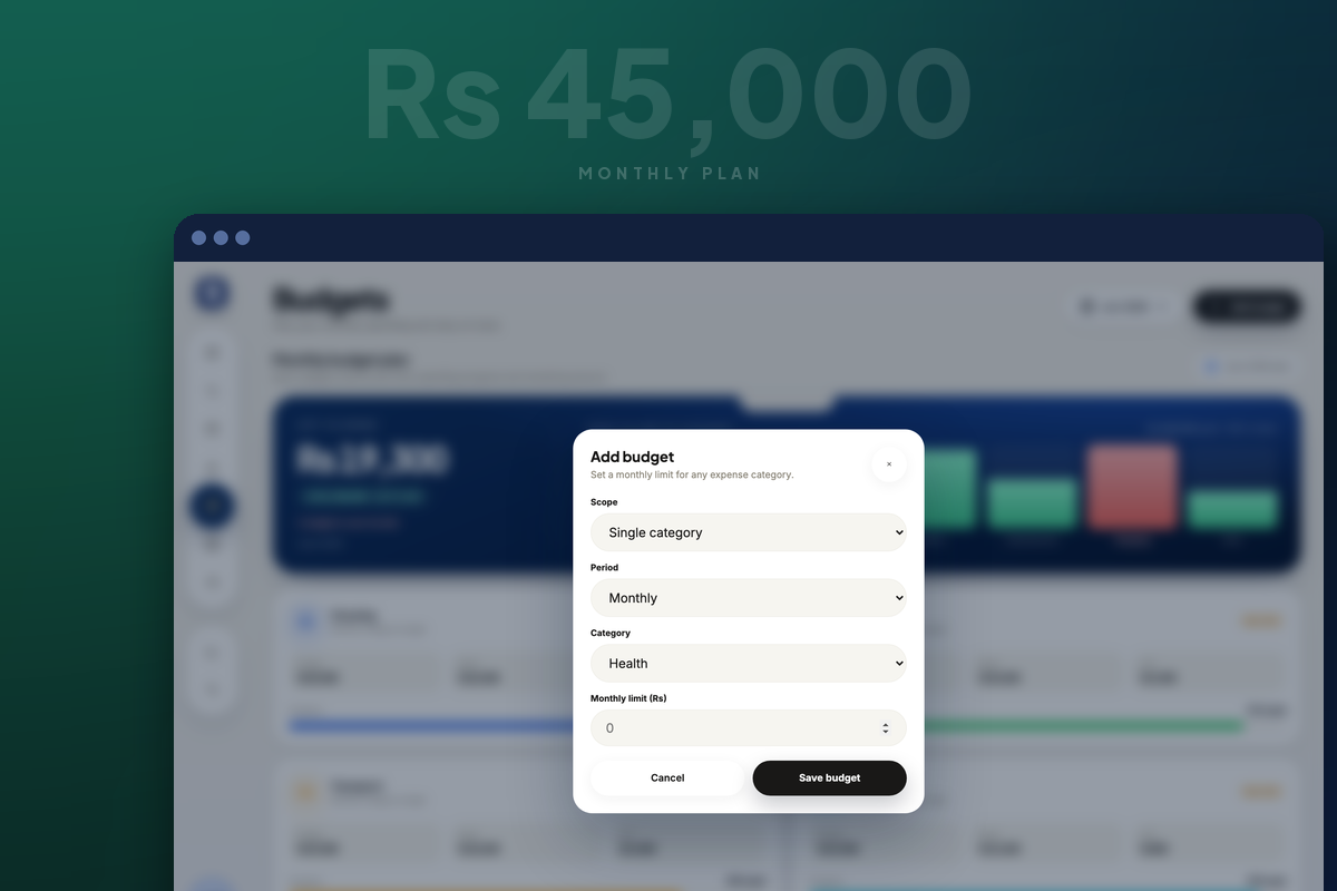 Rakama budgets screen with a monthly limit being set for a category