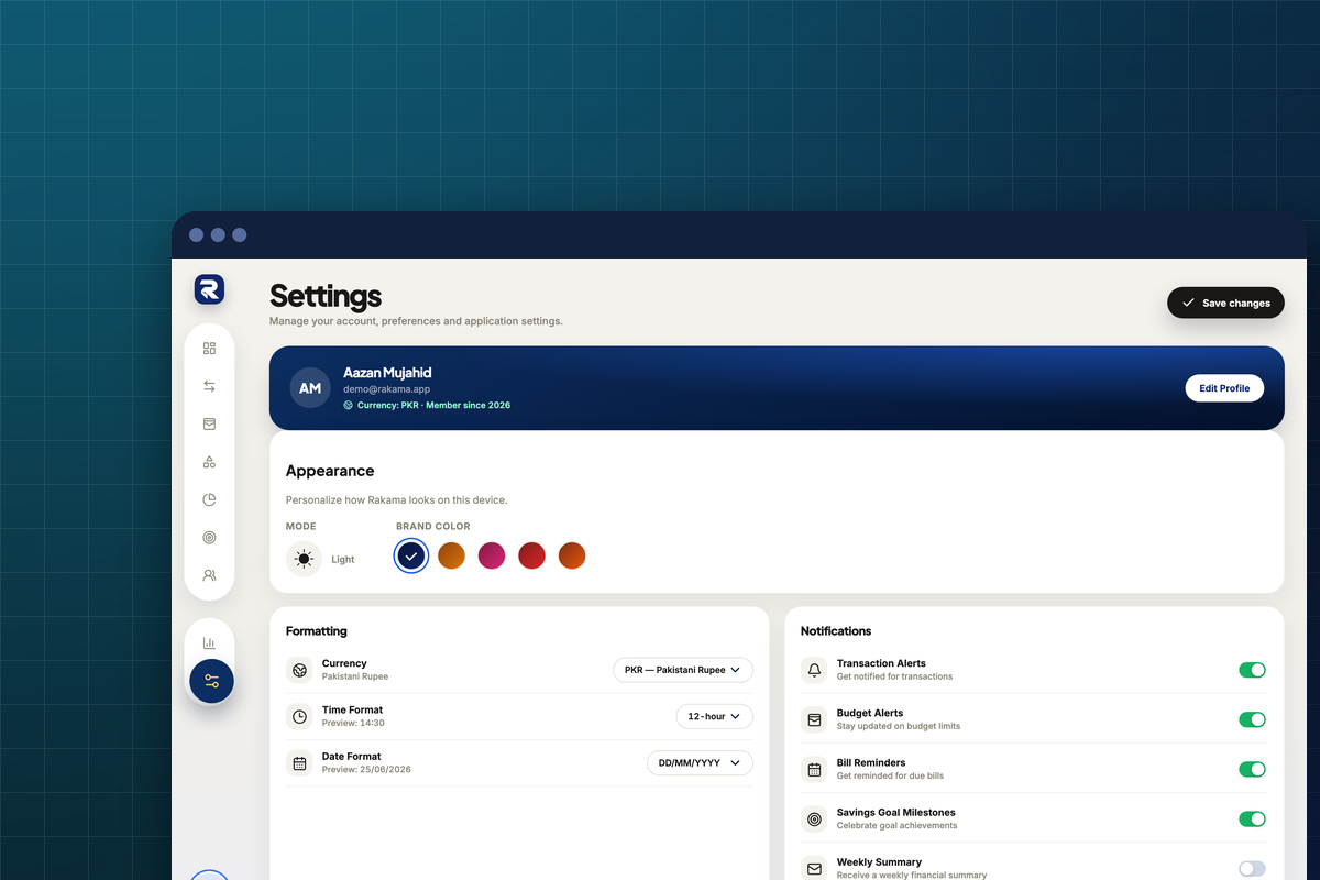 Rakama settings screen with appearance, formatting, notifications, and save controls