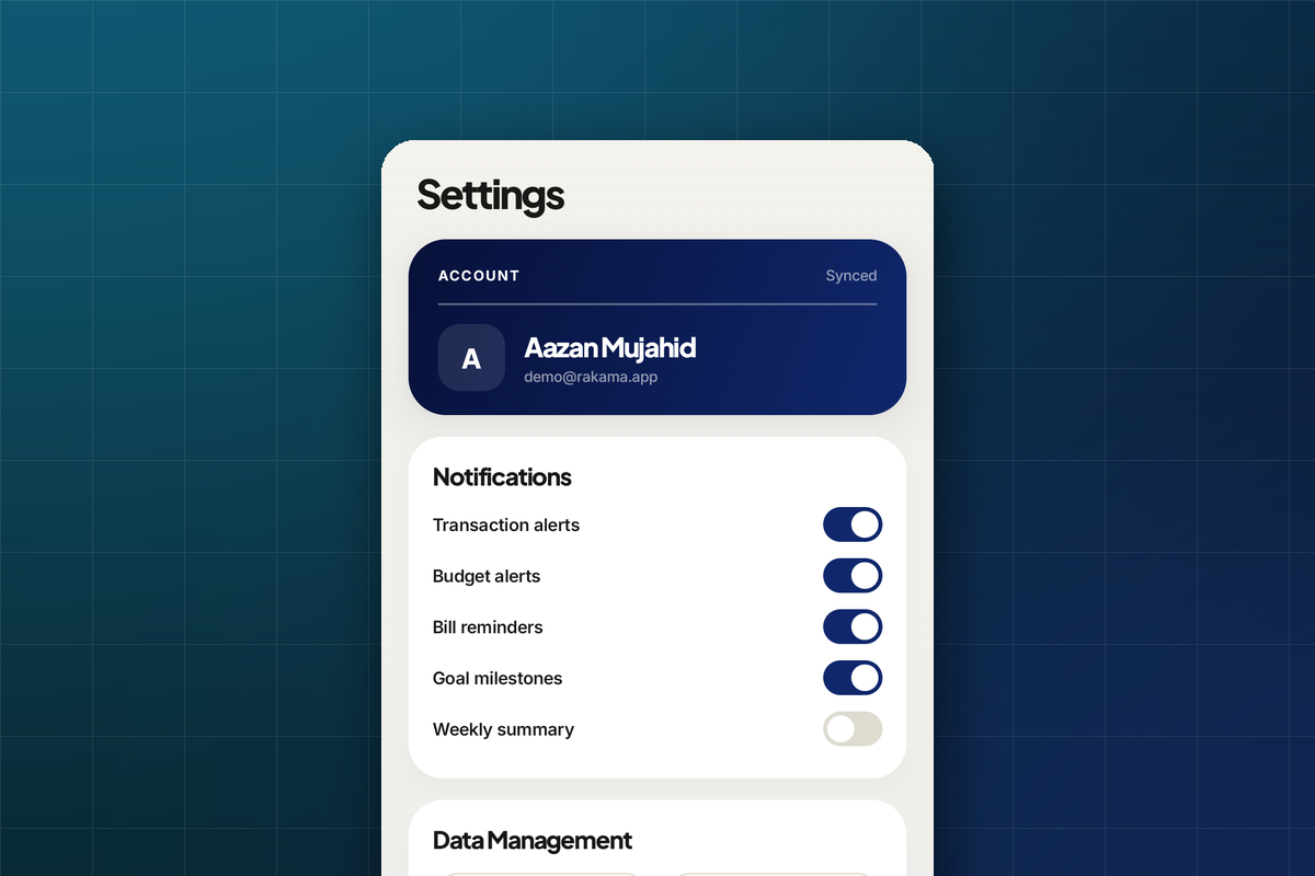Rakama settings screen with appearance, formatting, notifications, and save controls