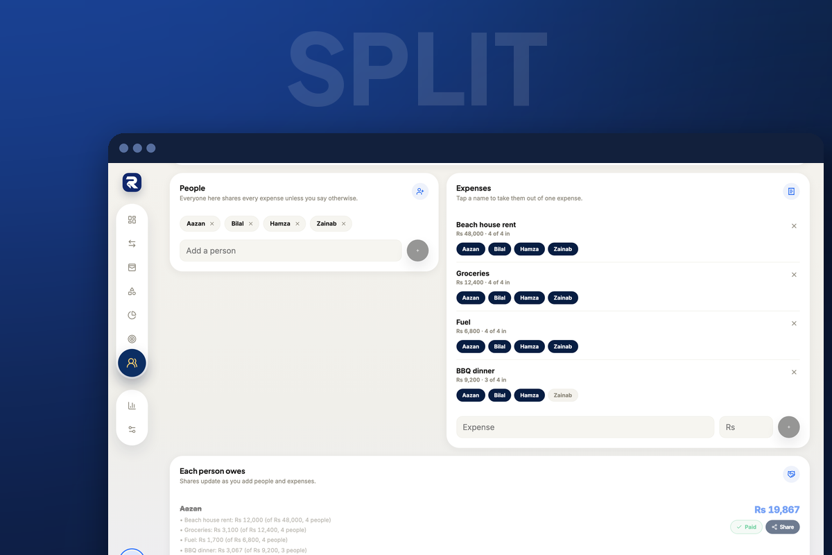 Rakama bill split showing each person’s itemised share and paid status