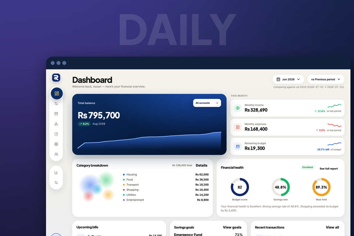 Rakama Android dashboard showing balance, budget left, savings rate, and recent activity