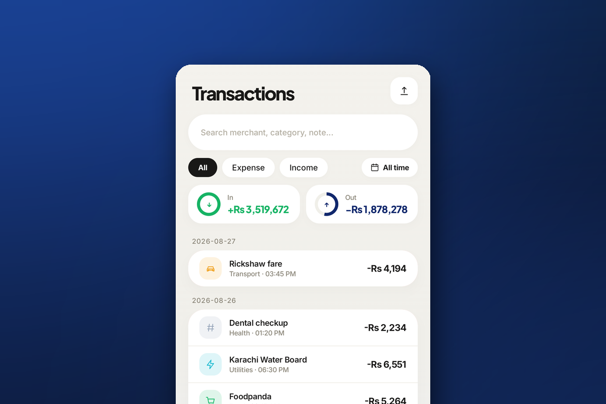 Rakama dashboard showing income, expenses, budgets, and financial health