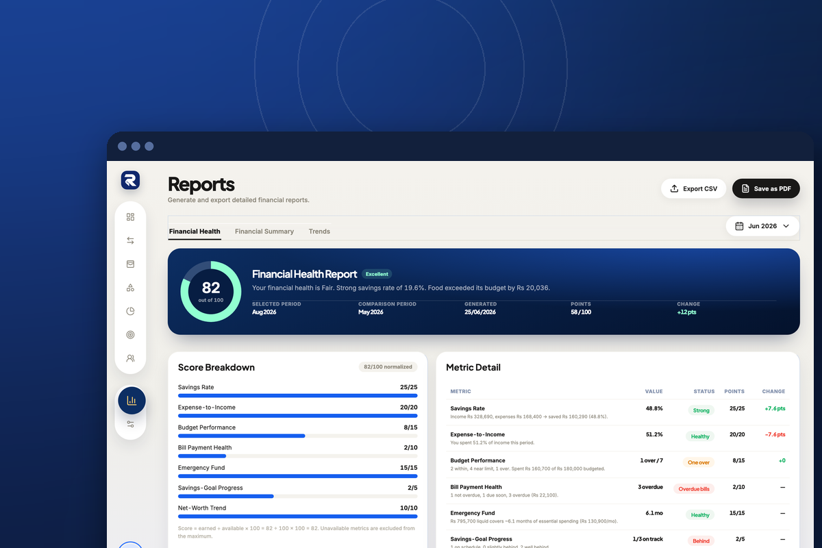 Rakama financial health report showing a score of 82 and a savings rate of 48.8%