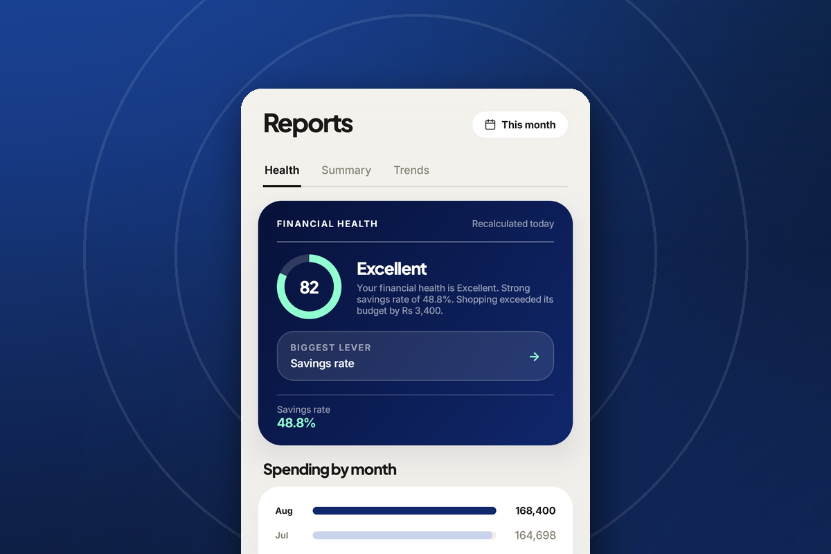 Rakama financial health report showing a score of 82 and a savings rate of 48.8%