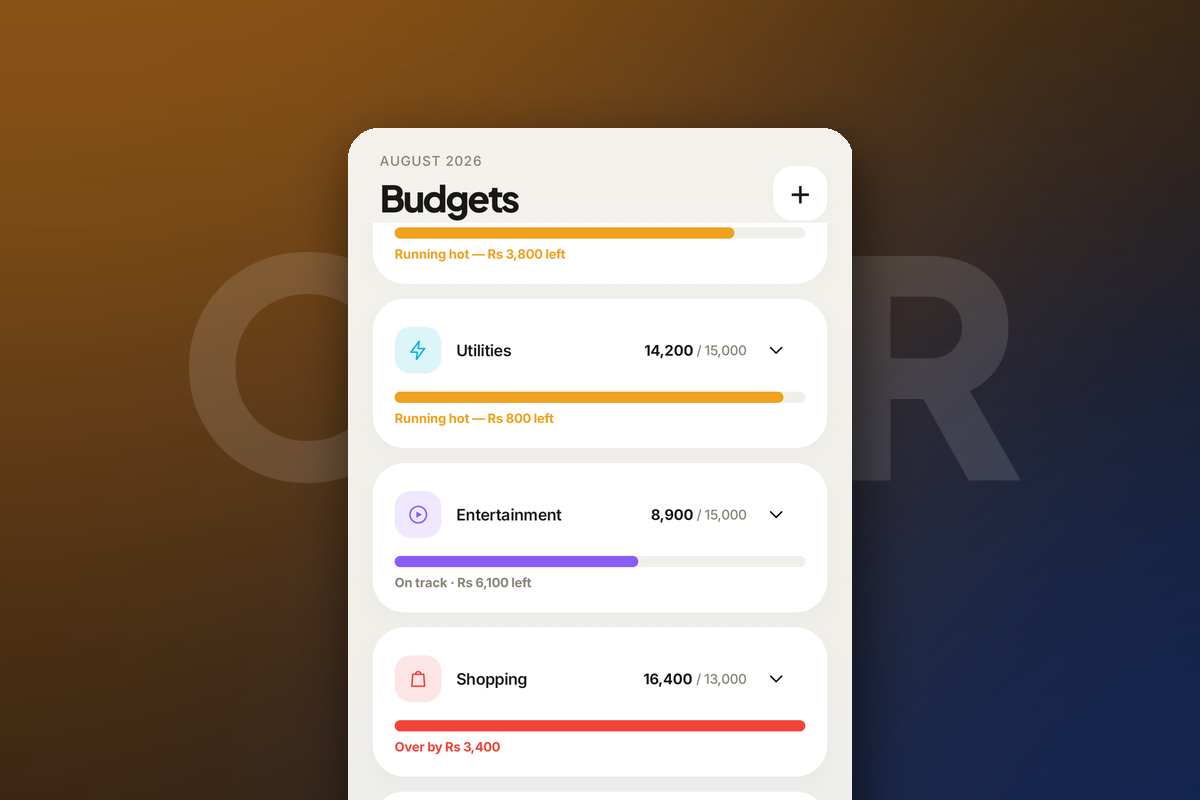 Rakama budgets screen with one category over its limit and others running hot
