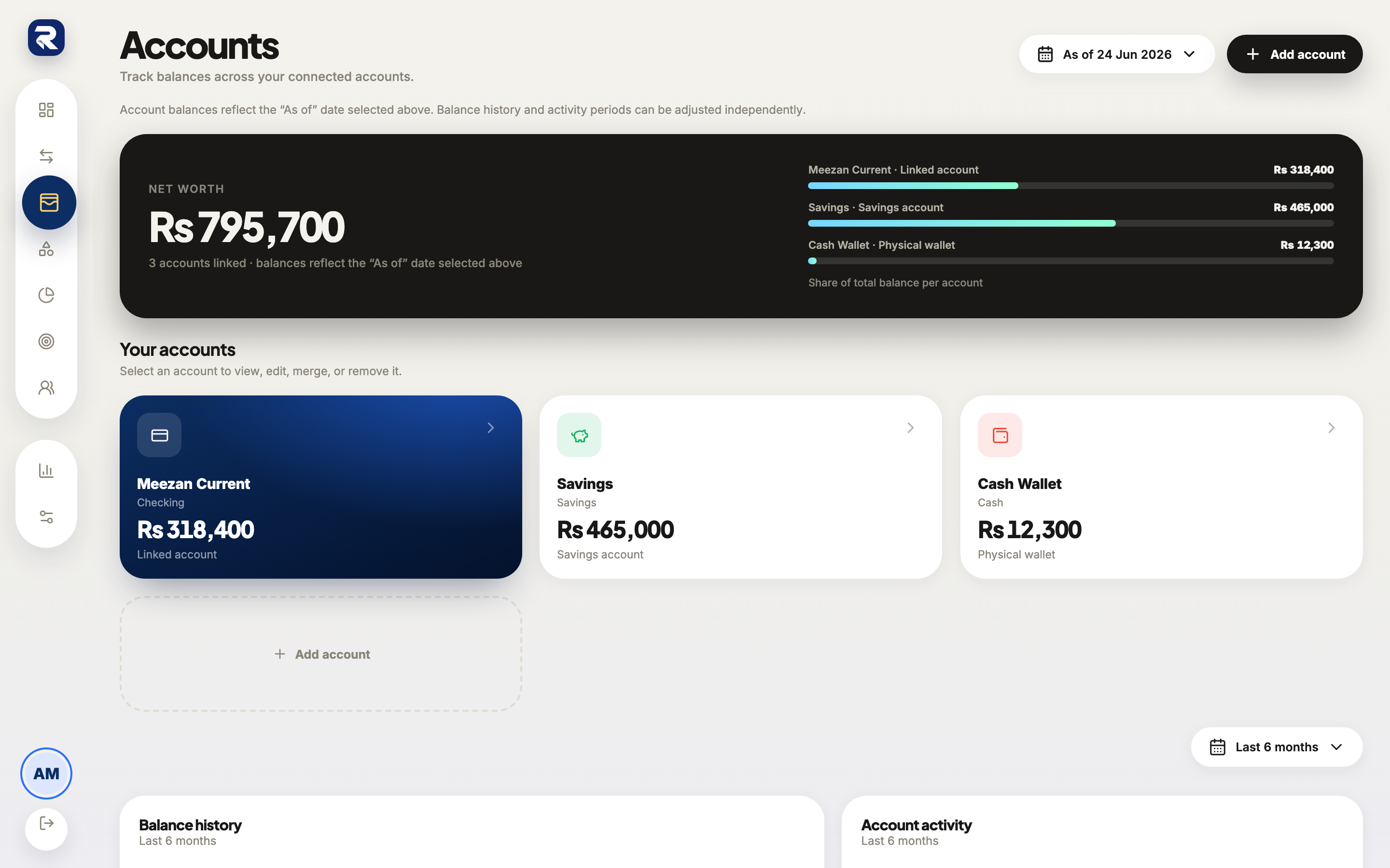 Rakama web accounts screen showing current, savings, and cash balances