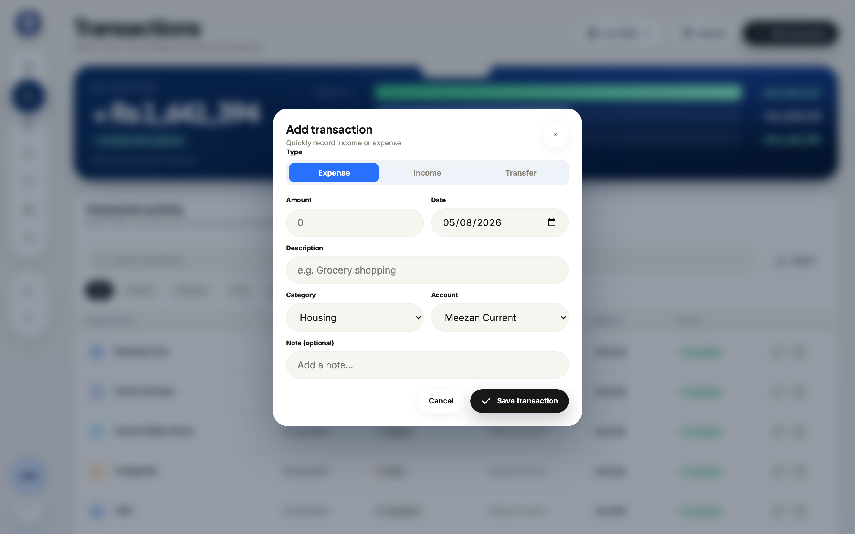 Rakama web new transaction form with empty amount, category, and account fields