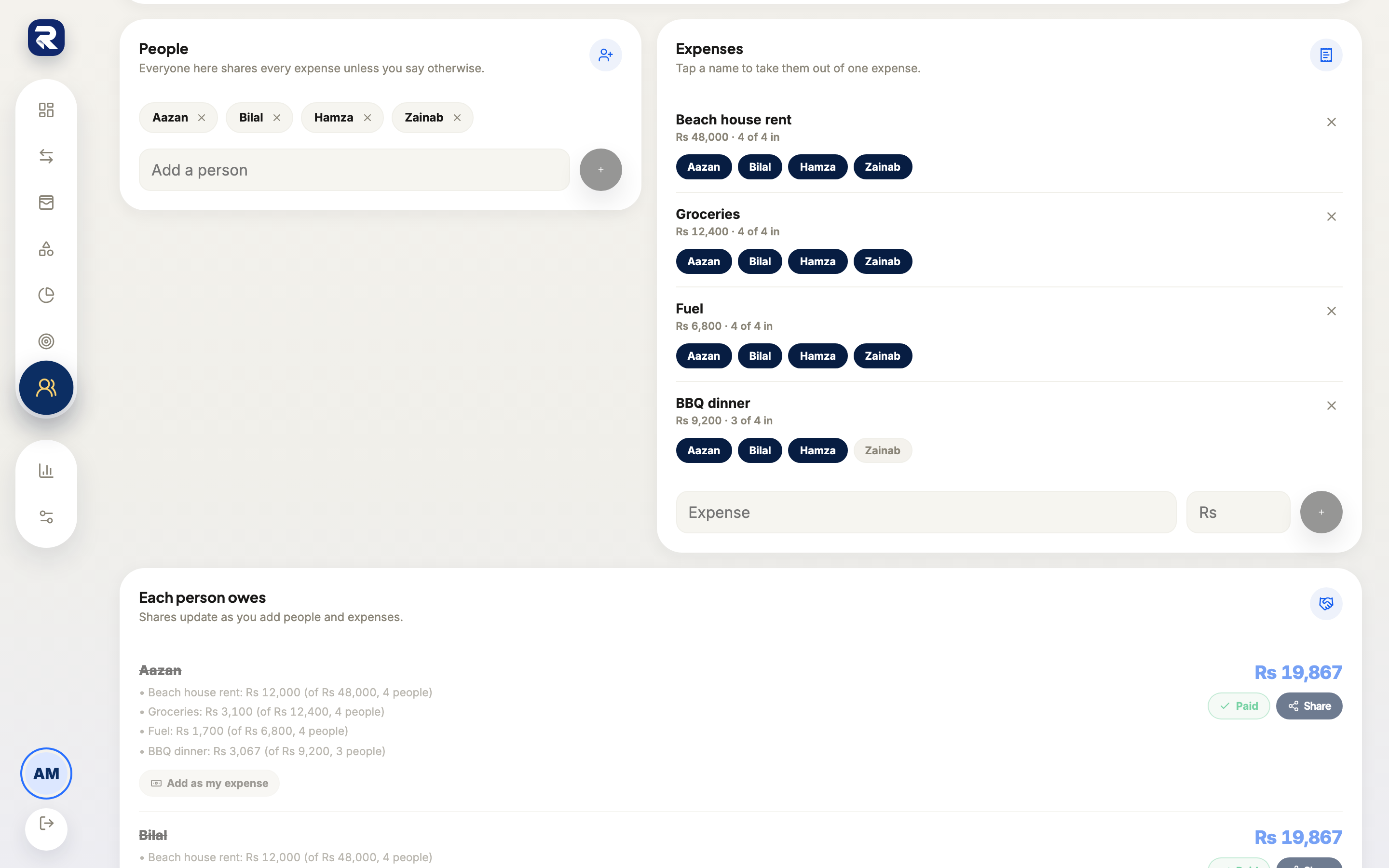 Rakama web bill split detail showing each person’s itemised share