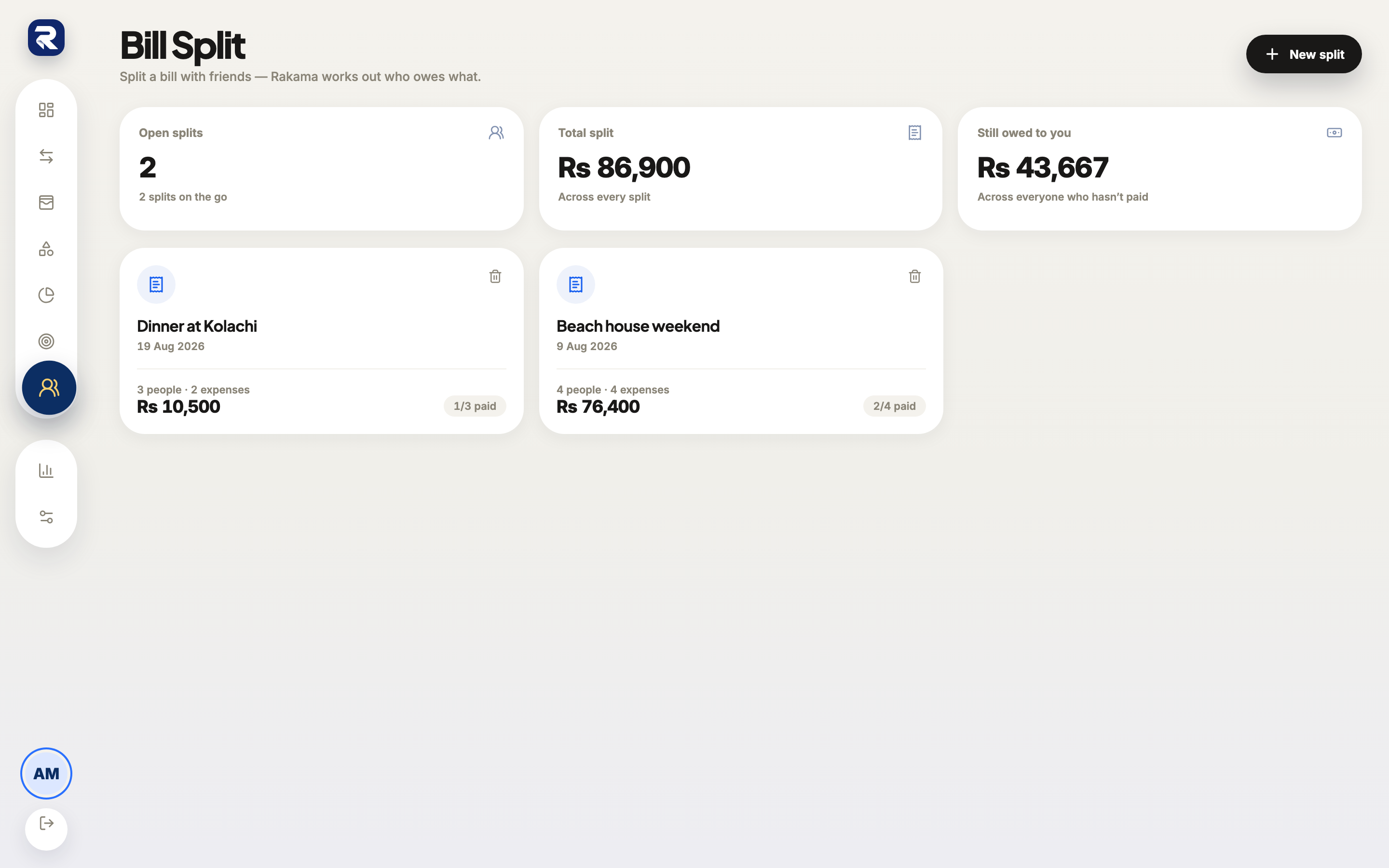 Rakama web bill split screen listing shared expenses