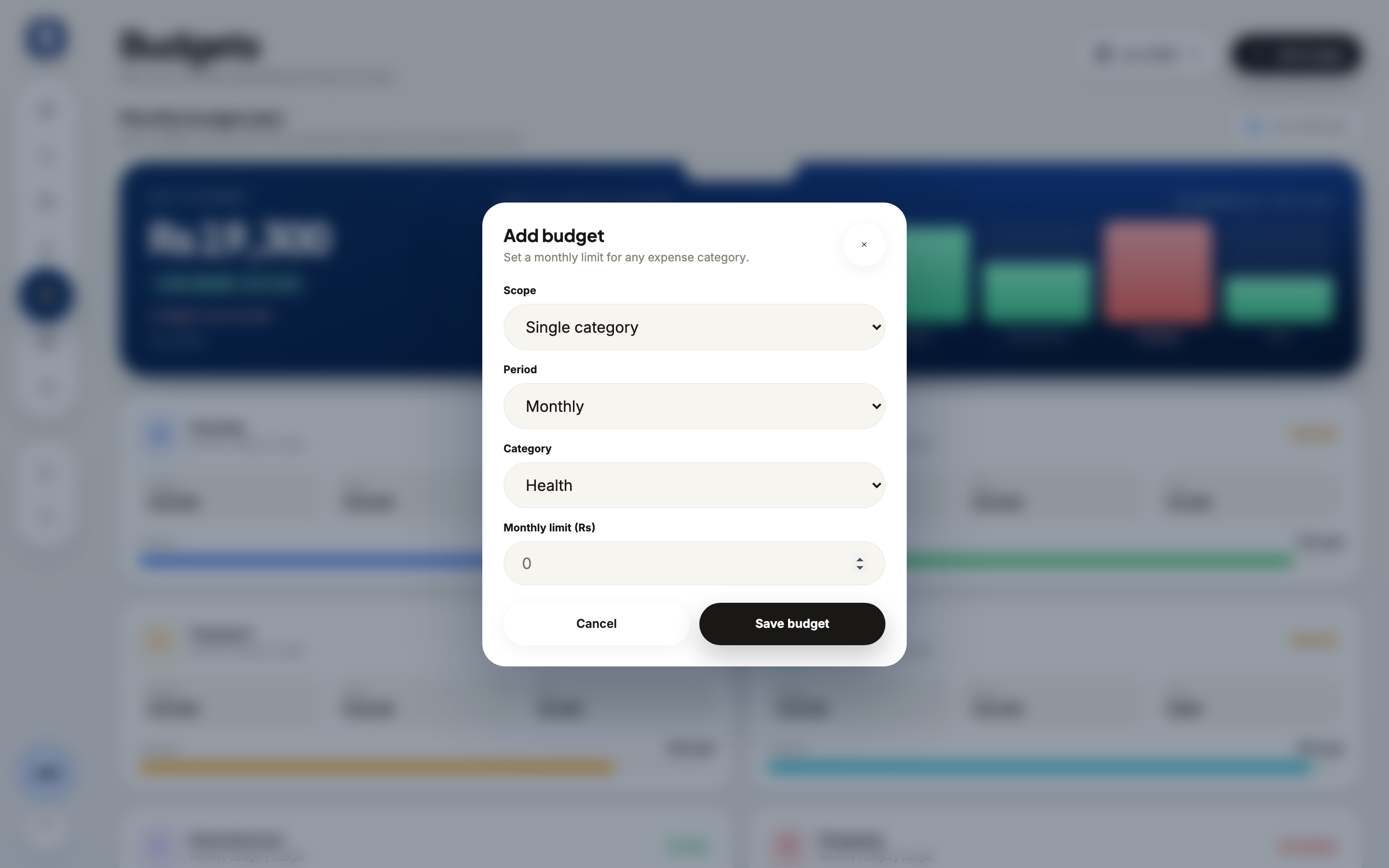 Rakama web new budget form with category, limit, and period fields