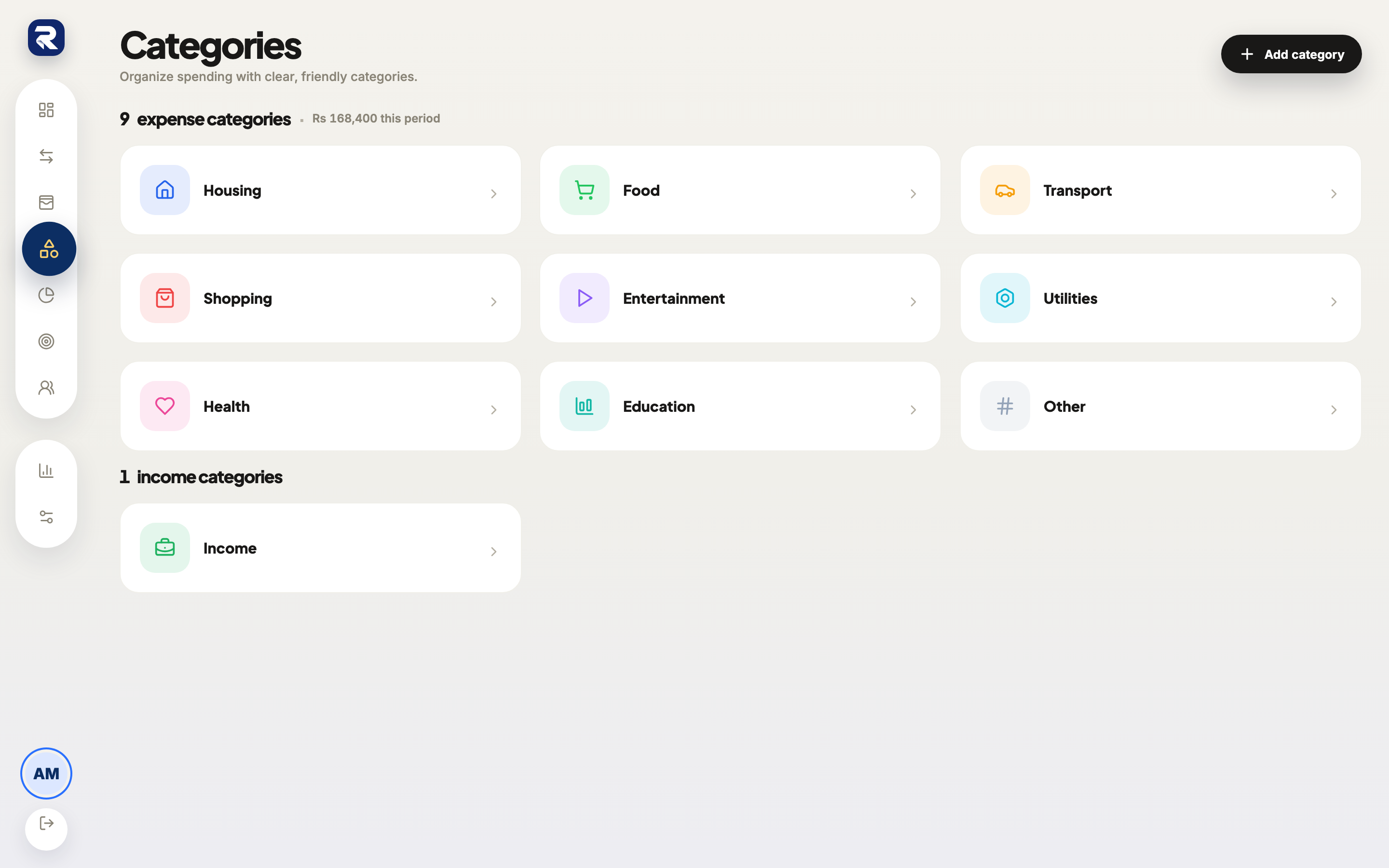 Rakama web categories screen with a coloured icon for every category