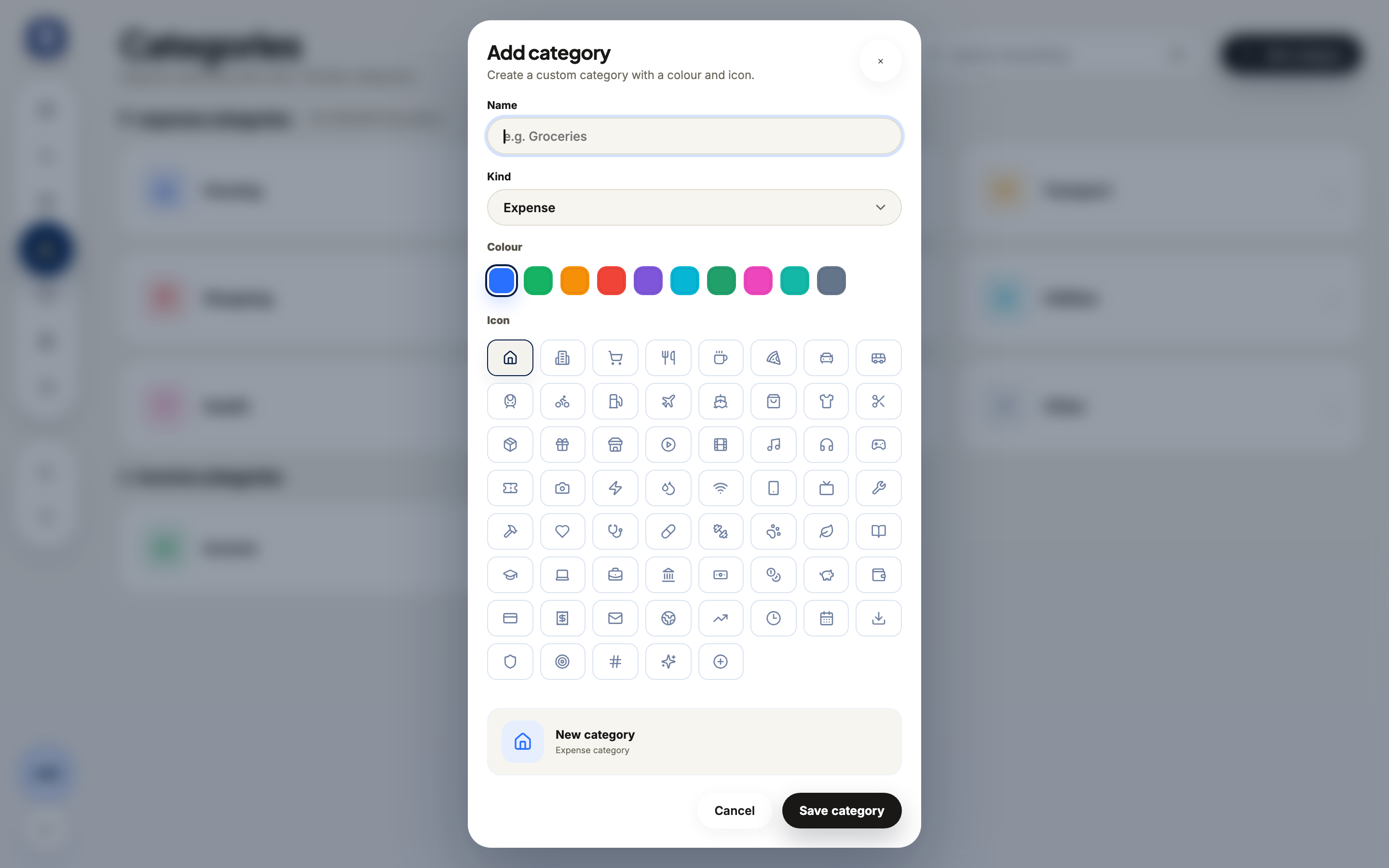 Rakama web new category form with a name, icon, and colour