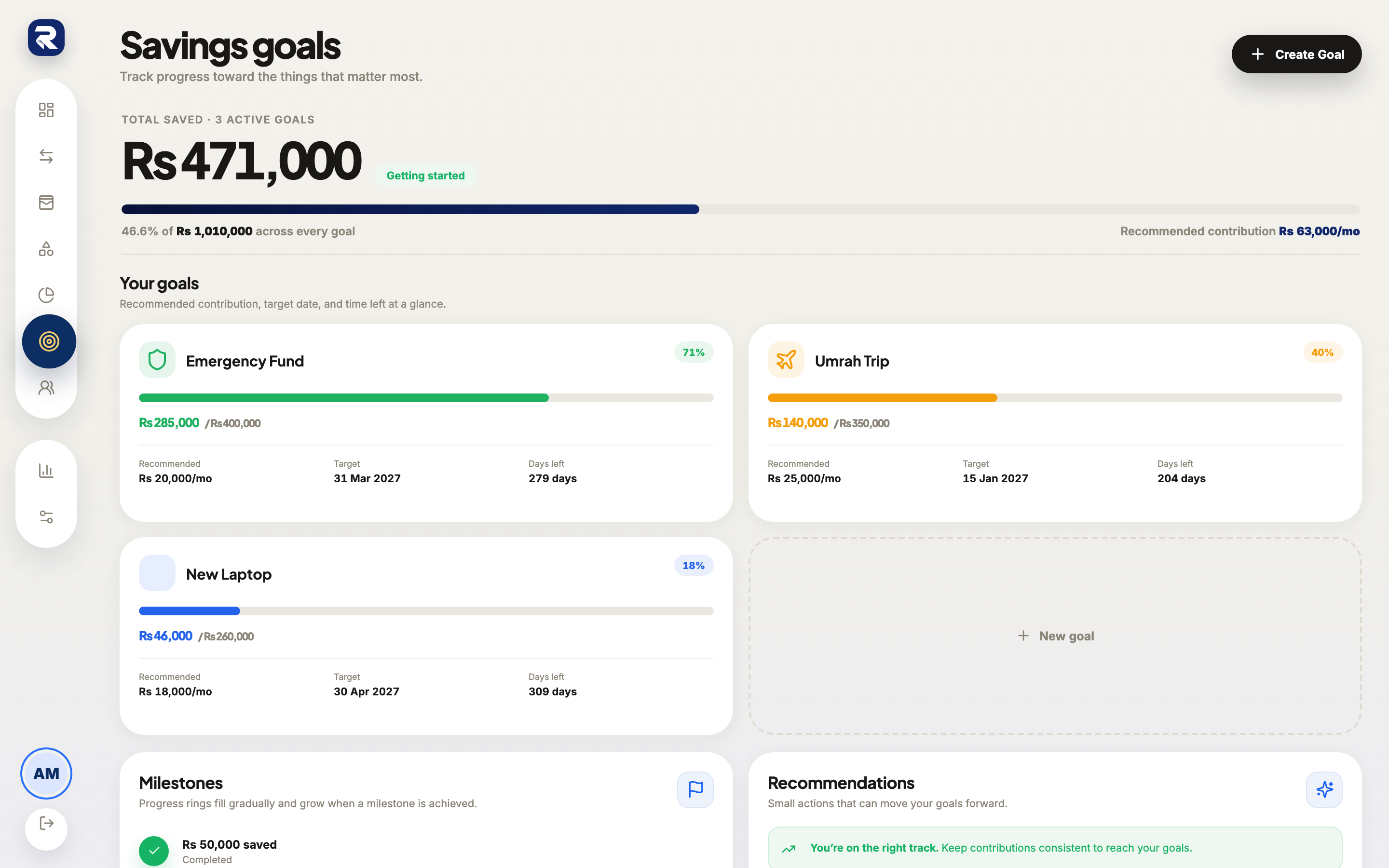 Rakama web savings goals screen showing progress toward three goals