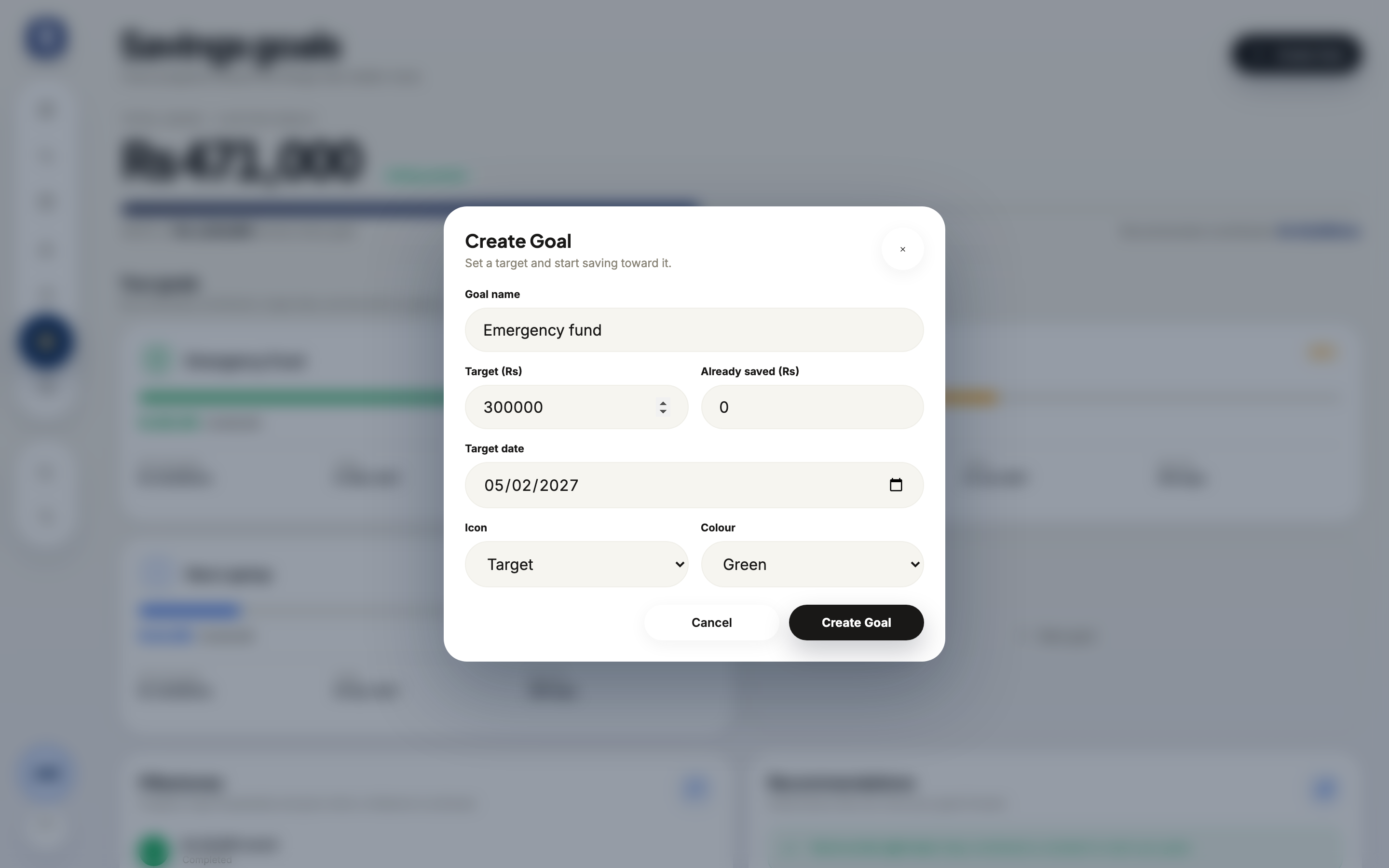 Rakama web new savings goal form with a target amount and target date