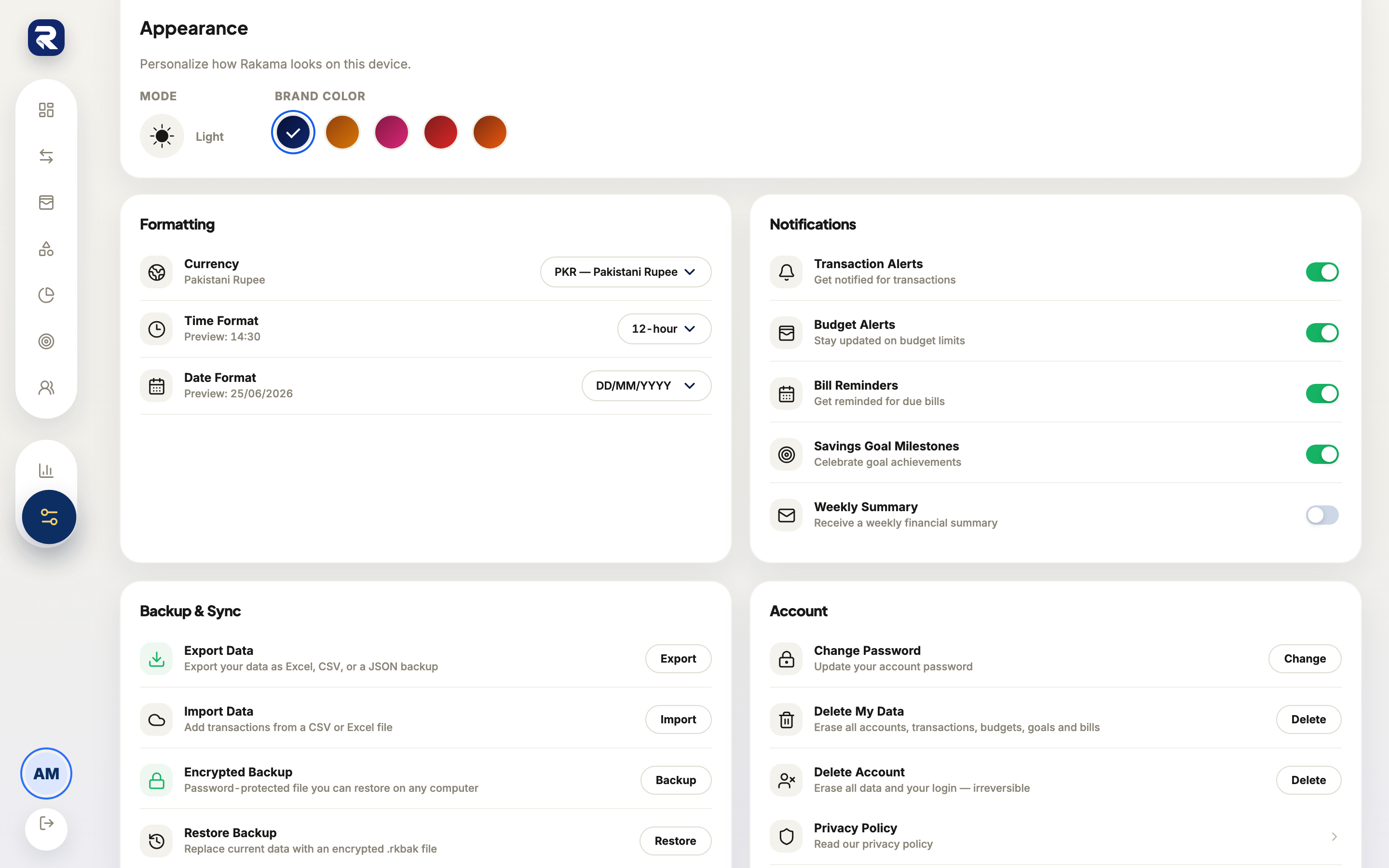 Rakama web settings screen scrolled to the export, import, backup, and restore controls