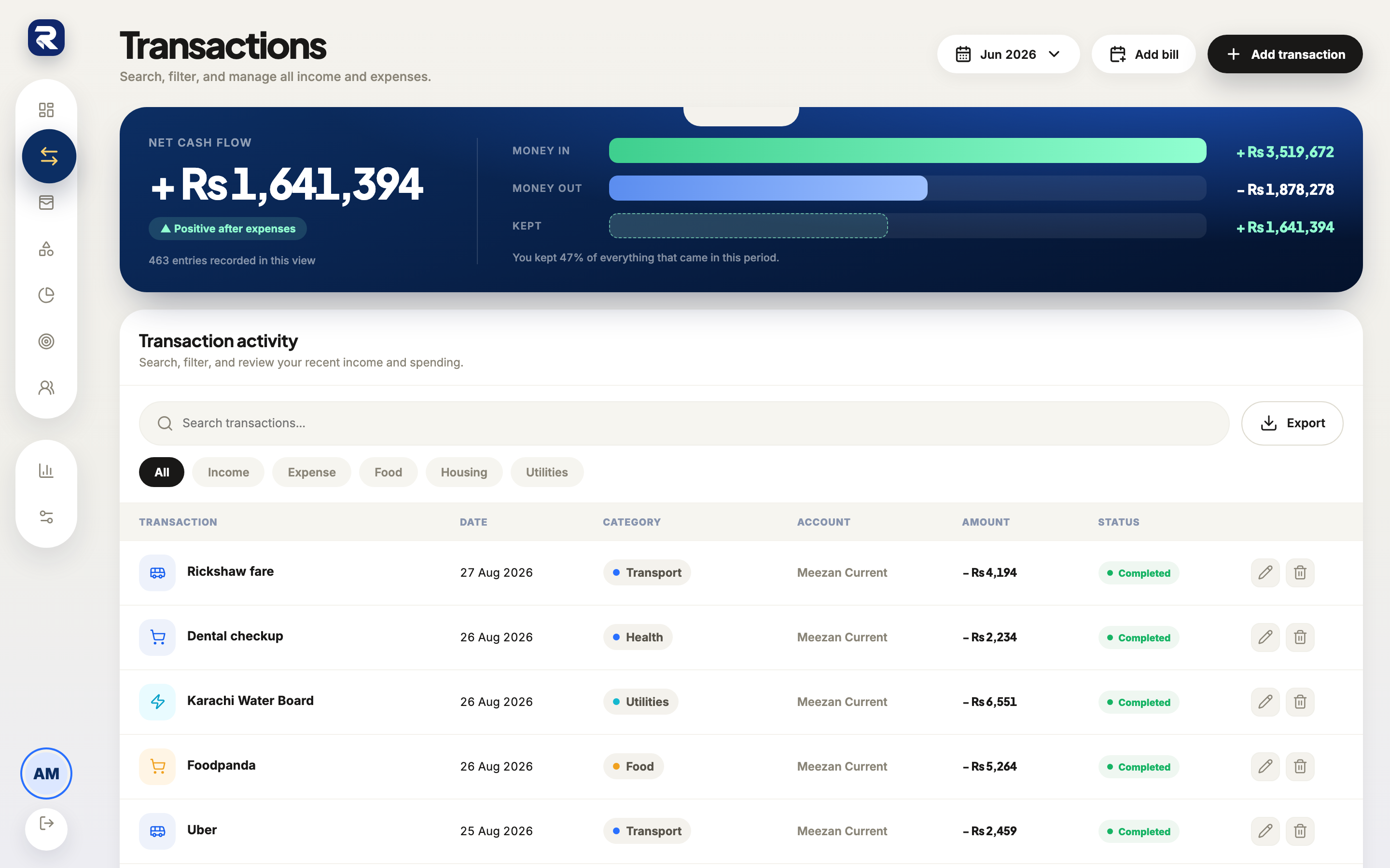 Rakama web transactions list with category, account, and amount columns